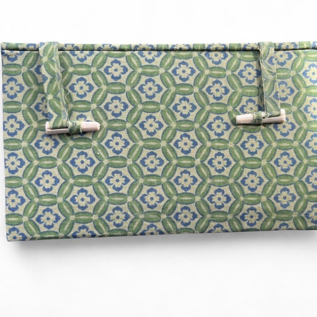 Unique vintage Asian-style fabric storage box featuring a green and blue geometr