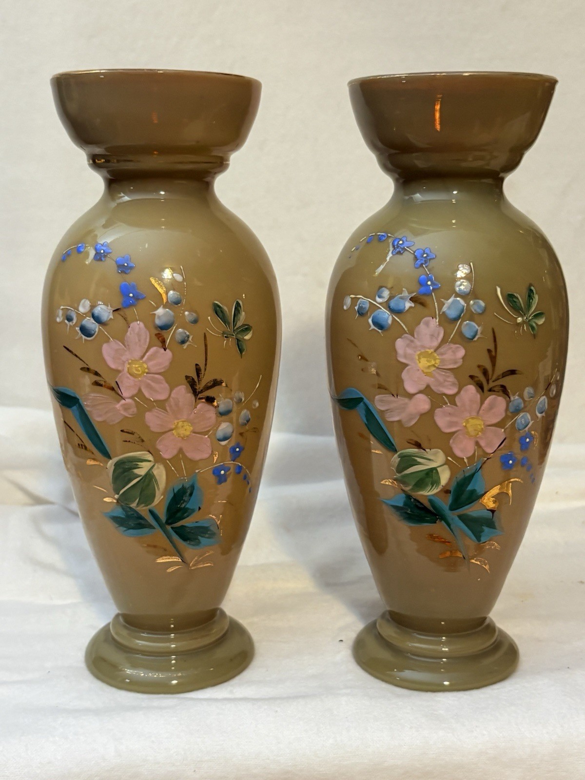 Pair Antique Victorian Bristol Glass Vases Clam Broth Fireglow Hand Painted 10\