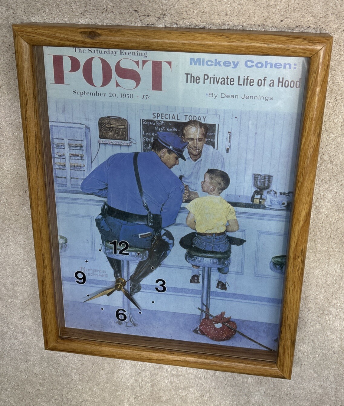 Vtg The Saturday Evening Post Wall Clock Framed Picture Sept 20,1958 N. Rockwell