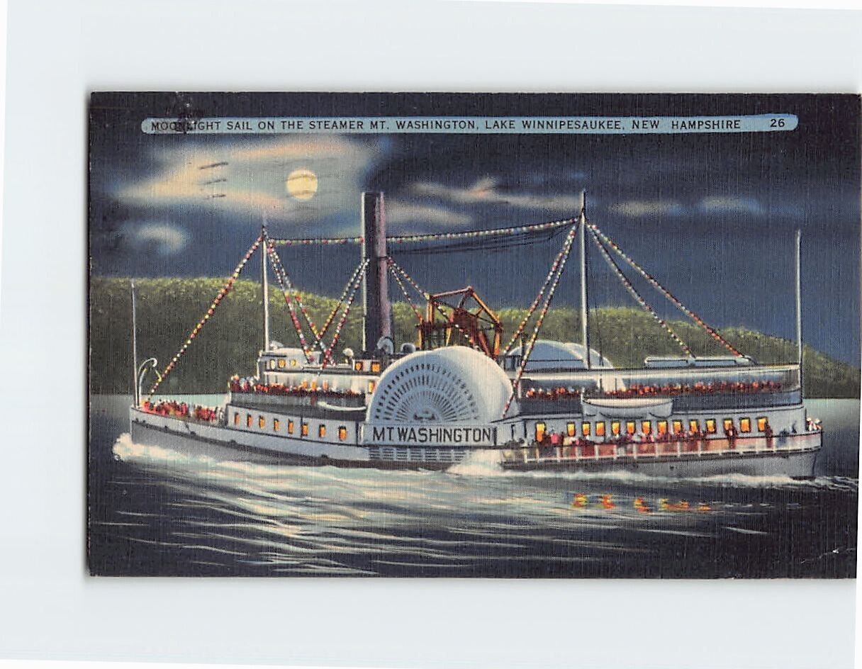 Postcard Moonlight Sail On The Steamer Mt. Washington Lake Winnipesaukee NH USA