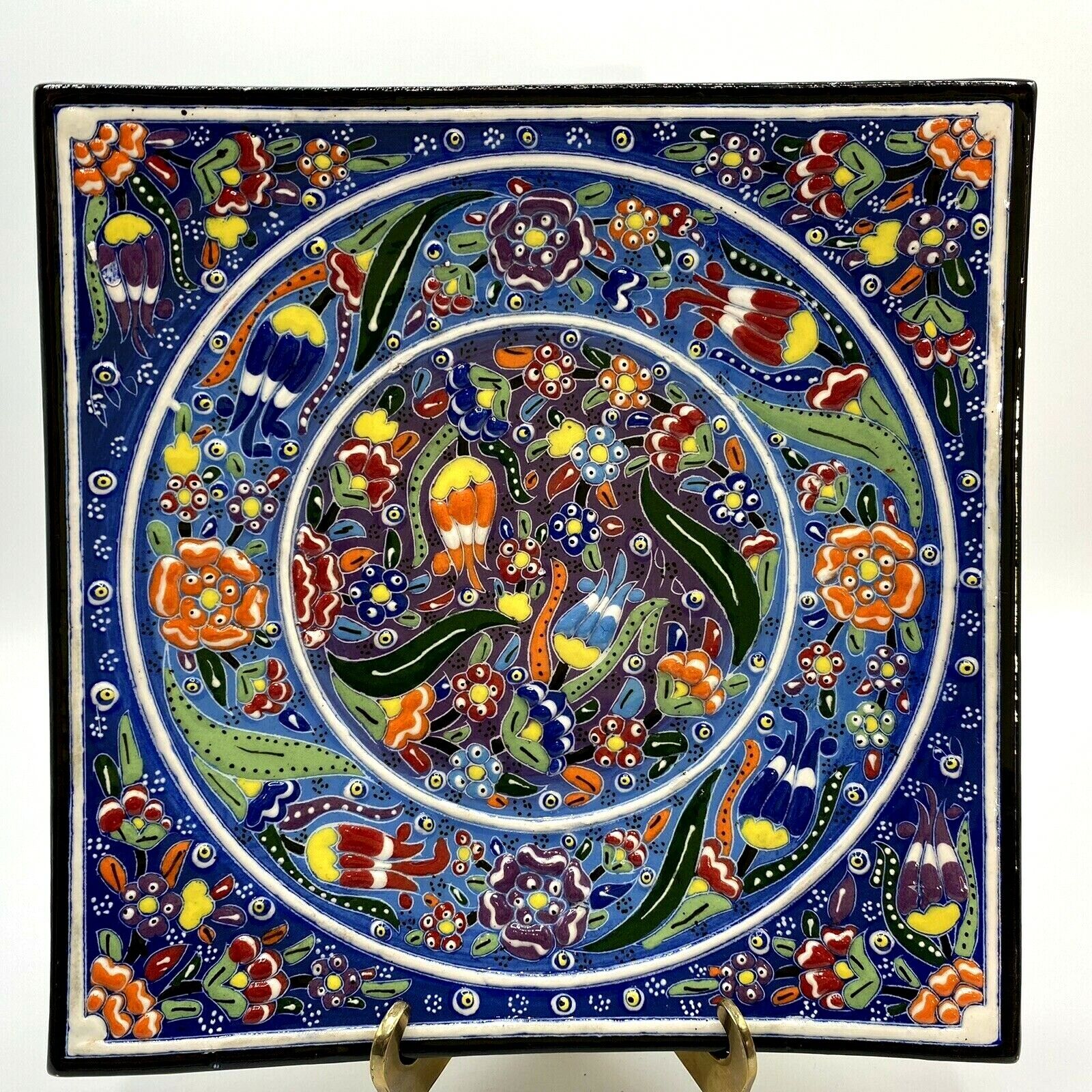 Turkish Colorful Square Plate Incredible Detail Vibrant  8.5\