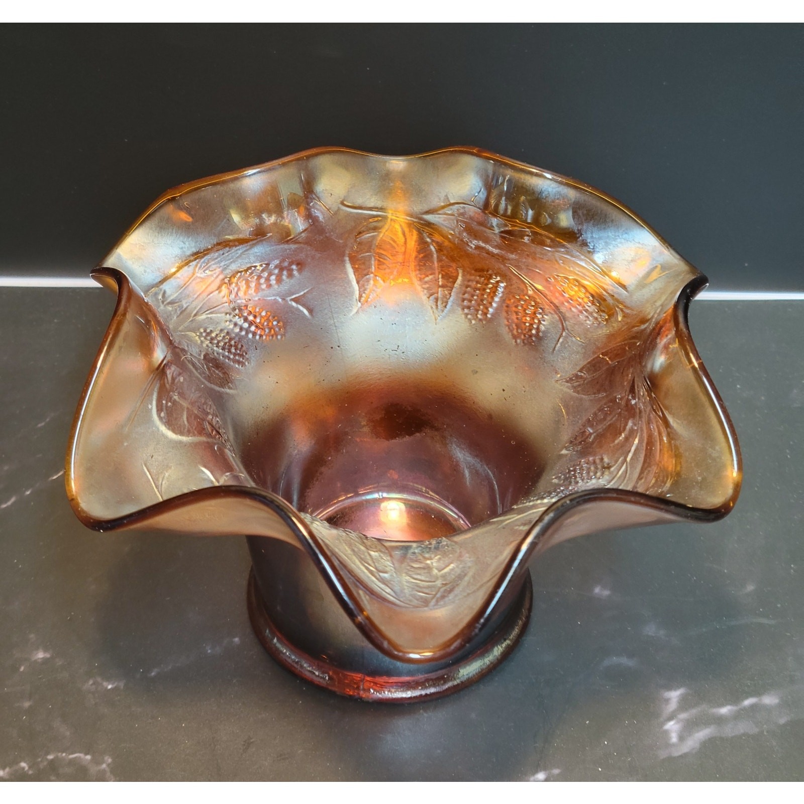 Carnival Glass - Fenton Blackberry Spray - Amberina Ruffled Hatd`
