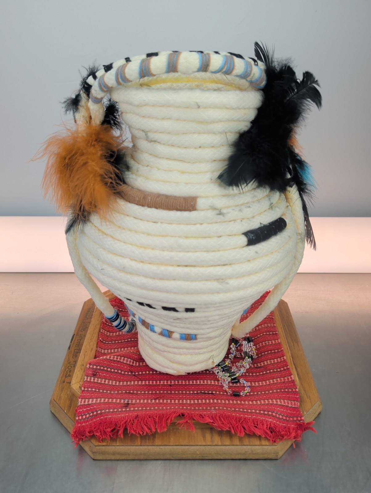 Vintage Whool Hopi Coil Basket 16x11x11 Inches, With Handmade Display Cloth Vintage Whool Hopi Coil Basket 16x11x11 Inches, With Handmade Display Cloth