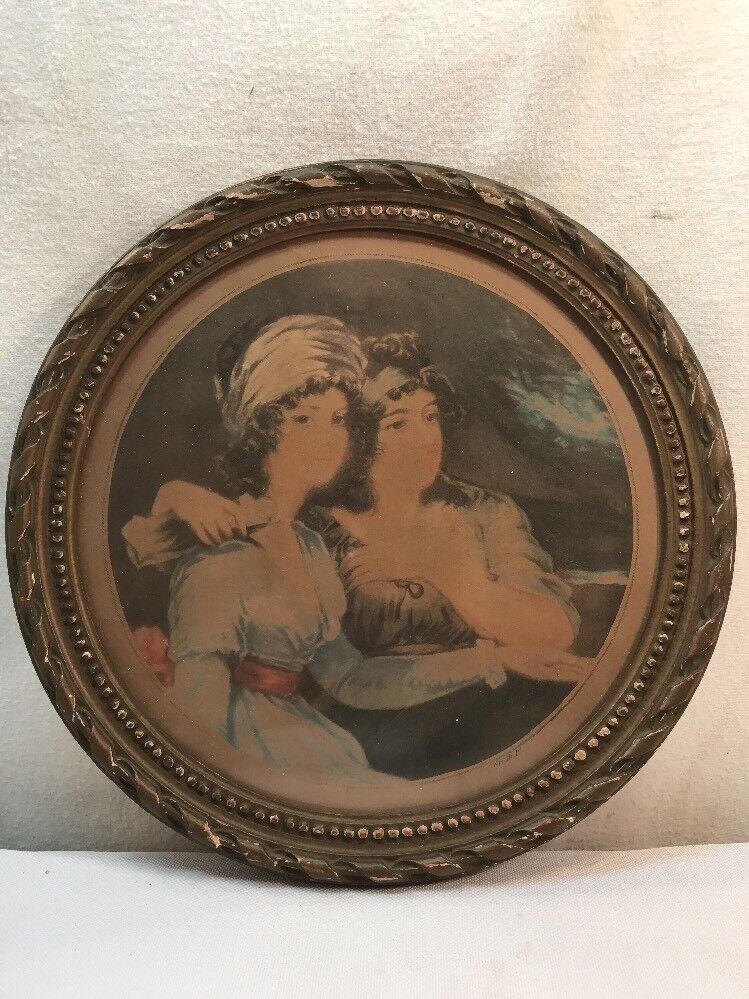 Vtg 1800’s Smith P print Round Victorian Frame AUX TROIS QUARTIERS FRANCE