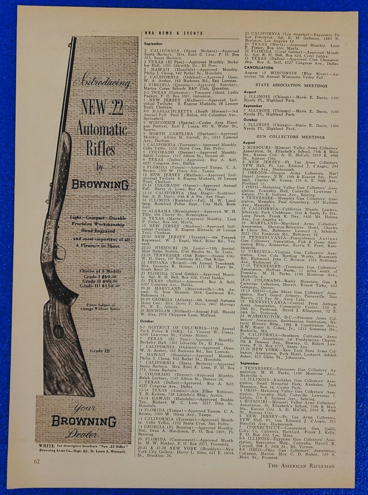 1956 Browning SA-22 Semi Auto Rifle 22 LR Target Gun Small Game Hunting Print Ad