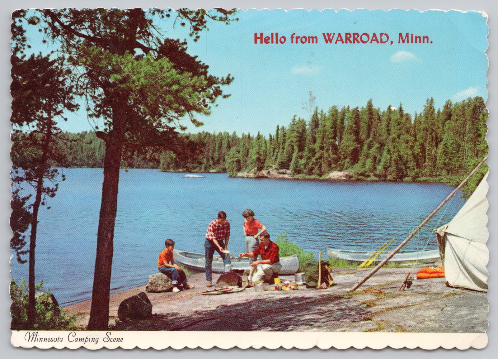 Hello from Warroad, Minnesota Camping Canoe Scene Vintage 1970s Chrome Postcard