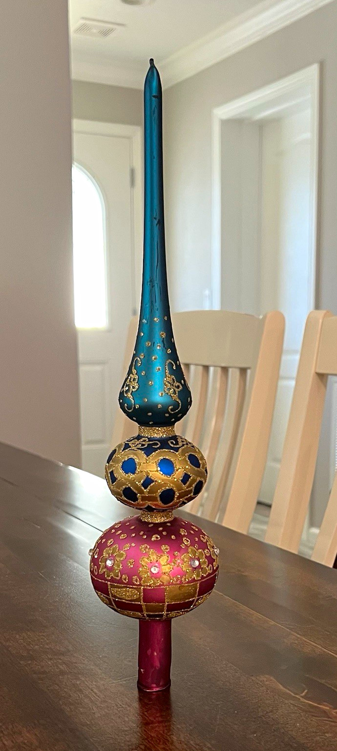 Vintage Dept 56 Glass Christmas Tree Topper Finial Blue Pink Gold 
