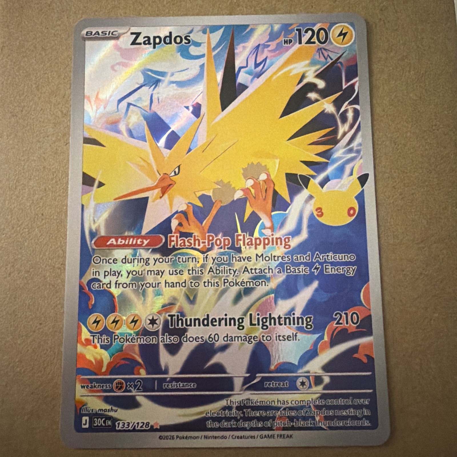 Zapdos 133/128 30th Celebration Illustration Rare Pokémon TCG English NM Card Zapdos 133/128 30th Celebration Illustration Rare Pokémon TCG English NM Card