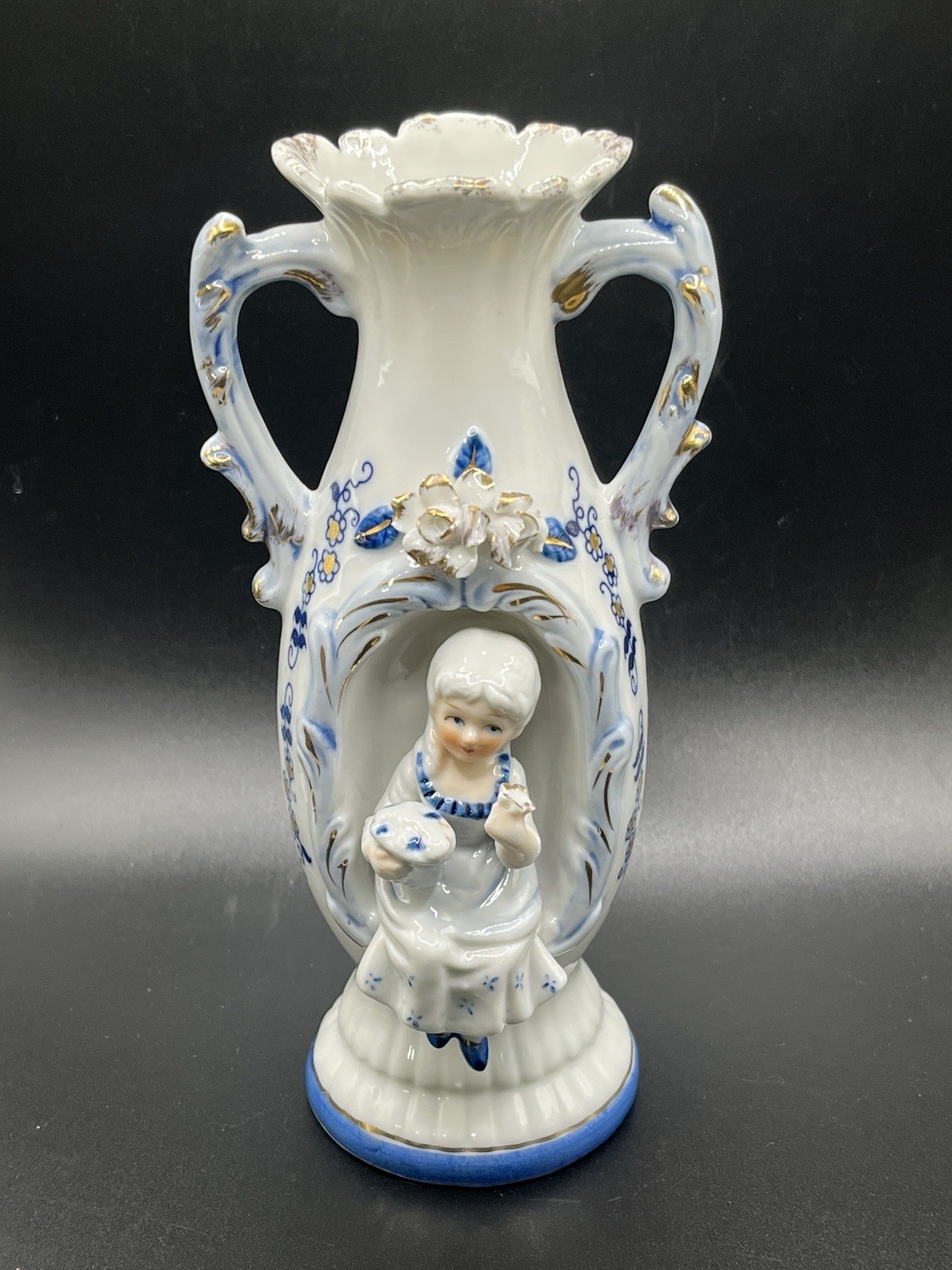 Vtg Norleans Victorian Vase White & Blue with with Gold Trim Sitting Girl 7.5