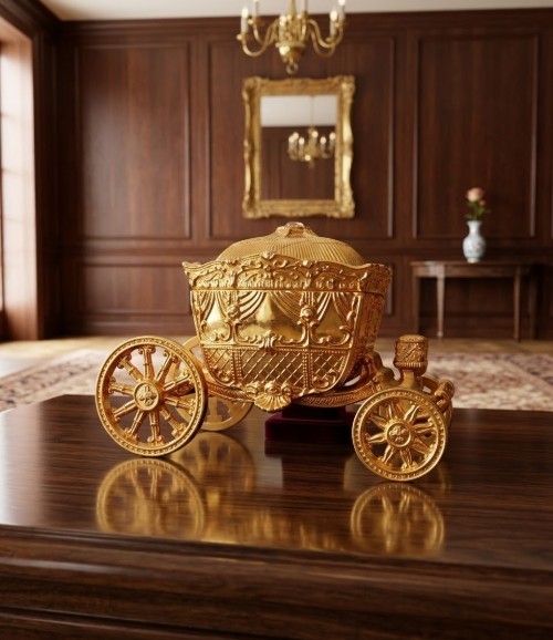 Goldtone Carriage Trinket Box Vintage Hinged Ring Jewelry Case Velvet Lined