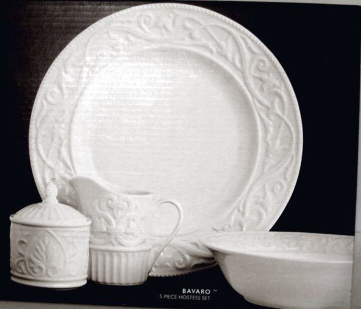 Gorham Bavaro White Embossed 5 PC Hostess Set Platter-Veg Bowl-Sugar-Lid-Creamer