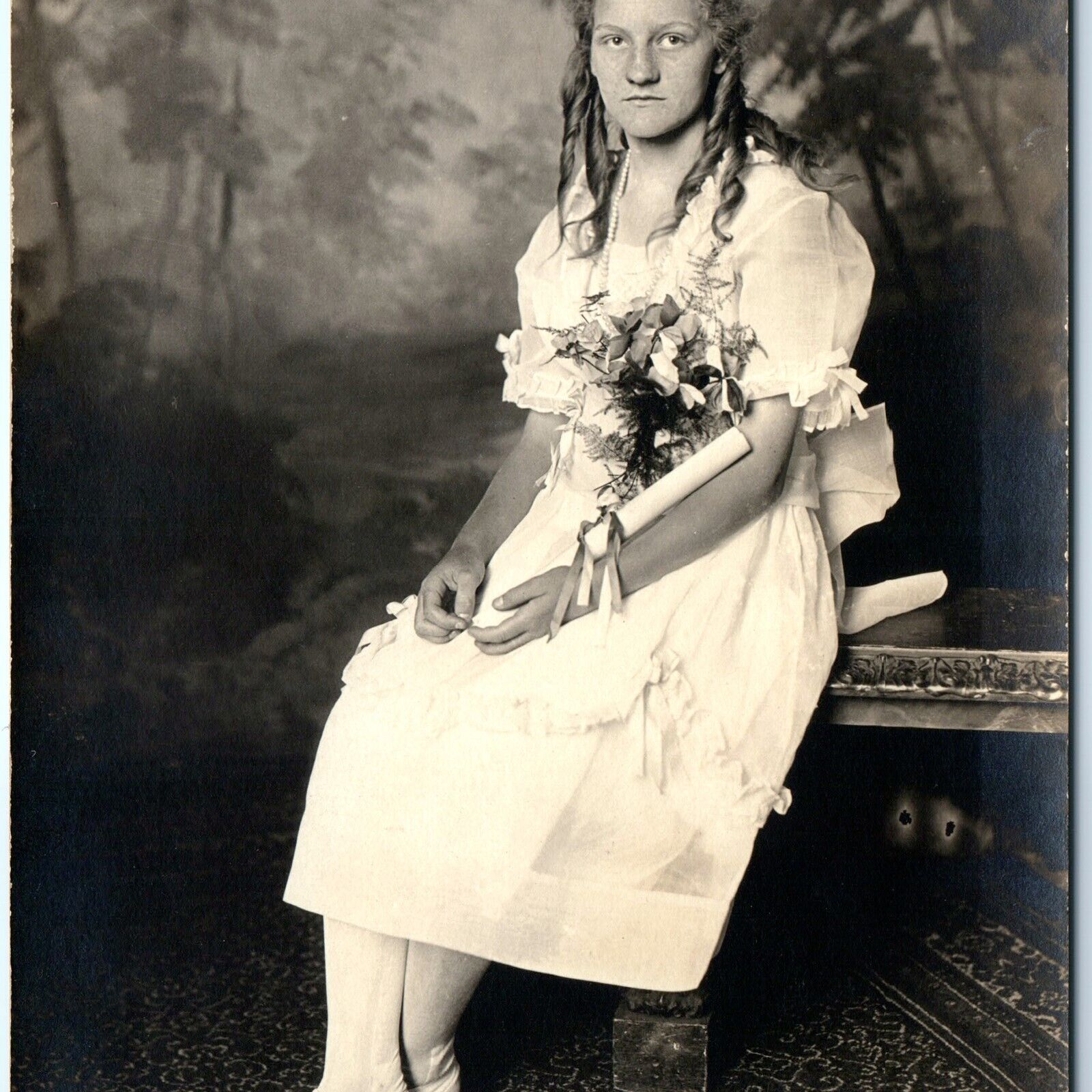 c1910s Lovely Young Lady Girl Church Confirmation RPPC Flower Real Photo A142