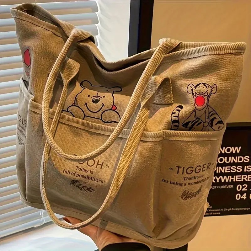 Winnie the Pooh Printed Canvas Tote Bag Retro Shoulder Bag Large Capacity Multi