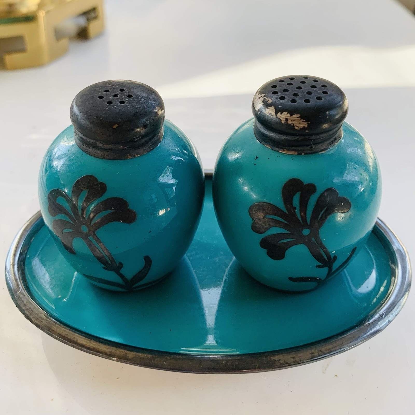 3 Pc Vtg Aelteste Hutschenberg Hohenberg Salt Pepper Tray Teal Blue Silver Plate