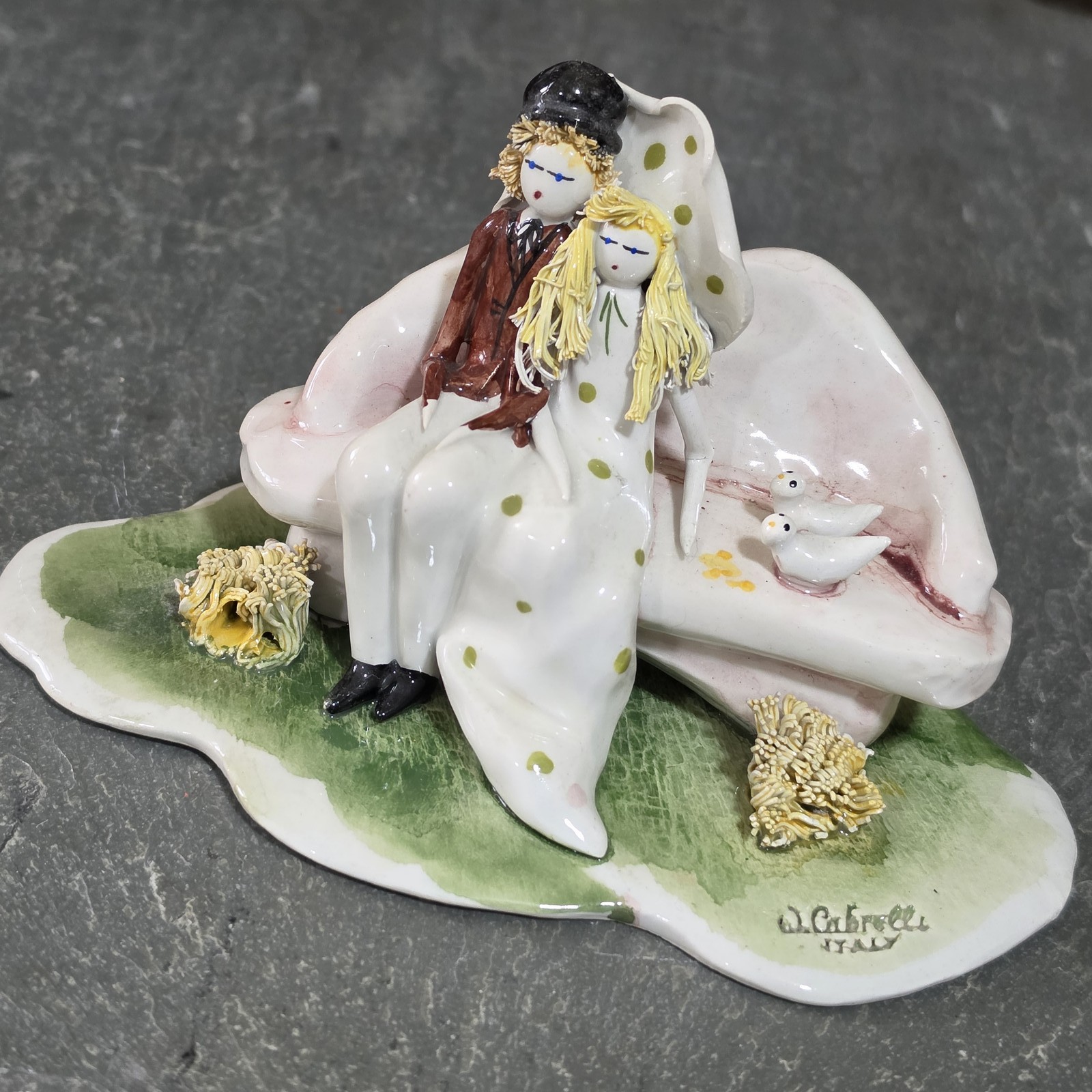 W. Cabrelli Vintage Italy Capodimonte Porcelain Handmade Figure Couple on Bench W. Cabrelli Vintage Italy Capodimonte Porcelain Handmade Figure Couple on Bench
