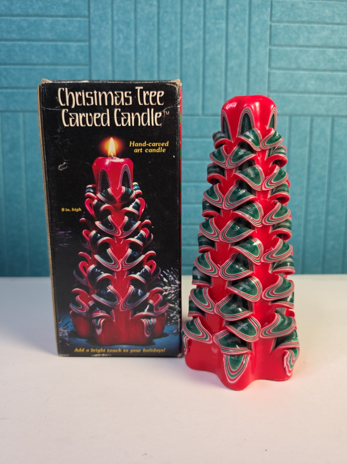 Vintage JASCO Christmas Tree Candle Carved Ribbon 8\