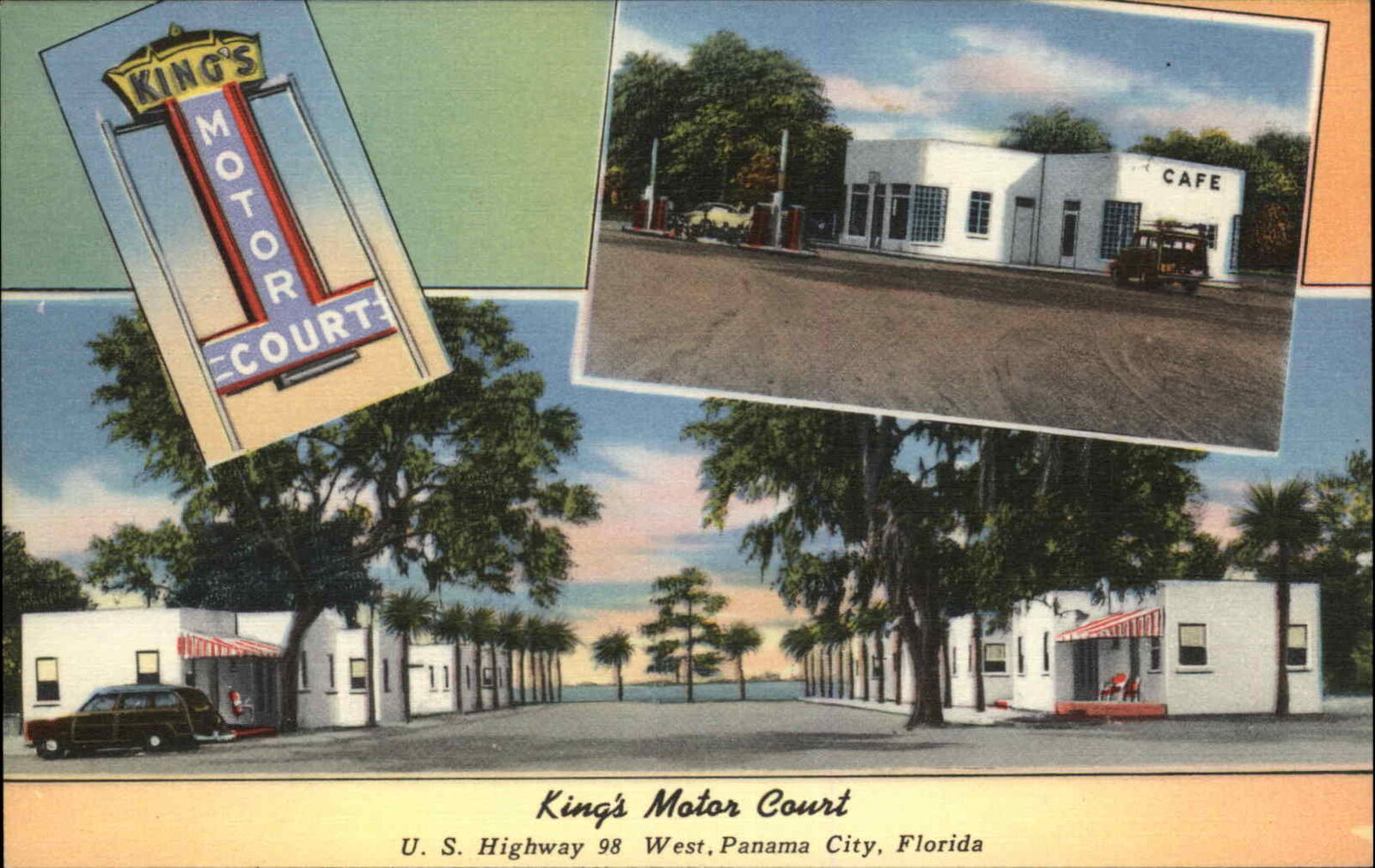 Panama City Florida FL Kings Motor Court Gas Station c1940s-50s Linen Postcard
