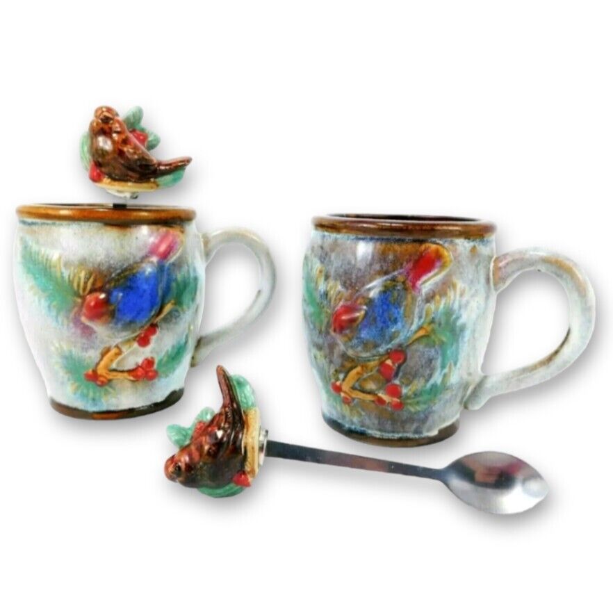 2 Christmas Woodland Bird Coffee Mugs 3 3/4\