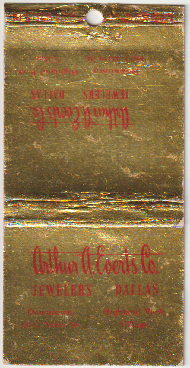 Arthur A Everts Jewelers Company DALLAS, TEXAS Bobtail Matchbook Cover