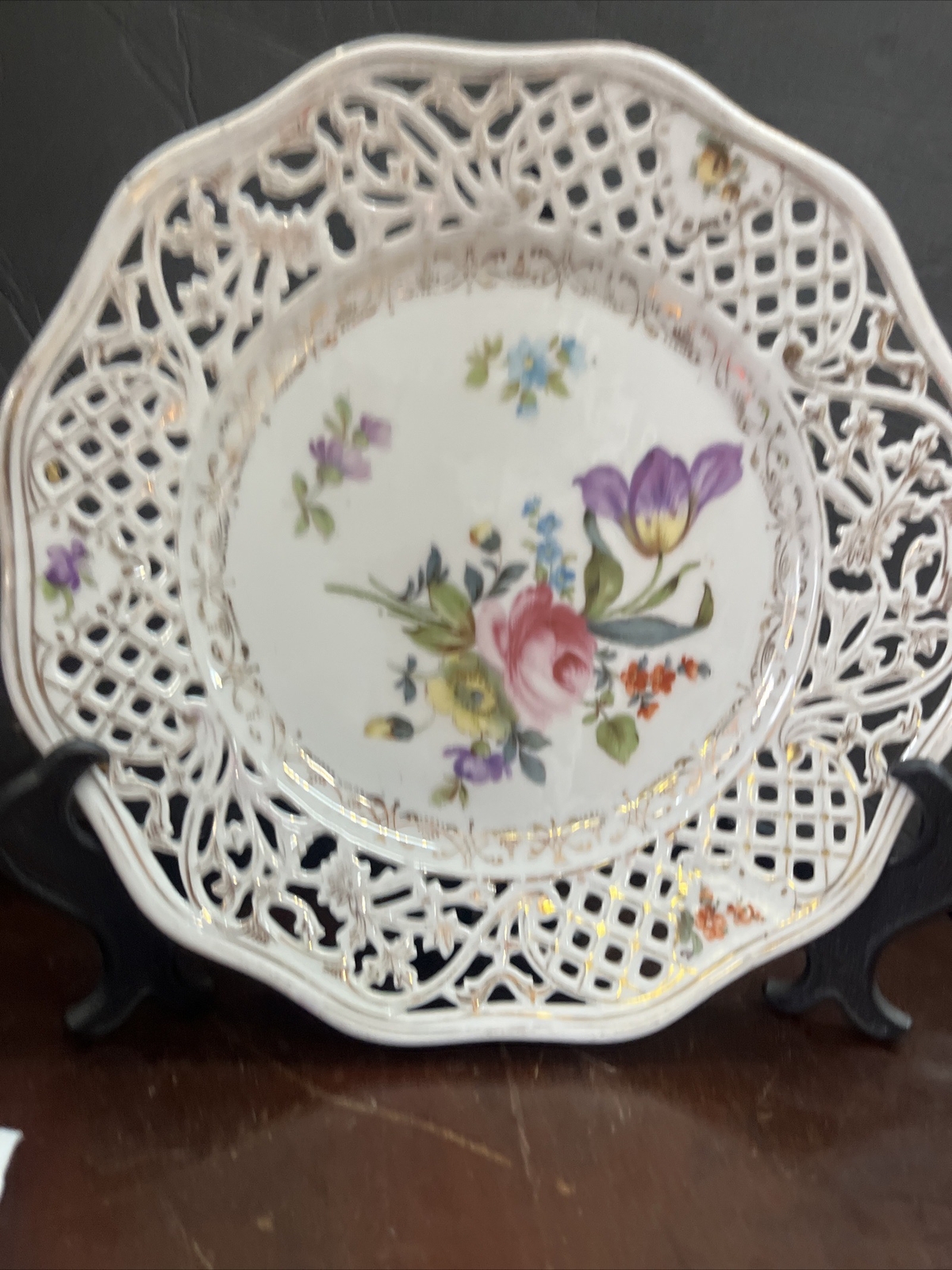 vintage pink rose floral Pierced Porcelain Plate Open Work Flowers