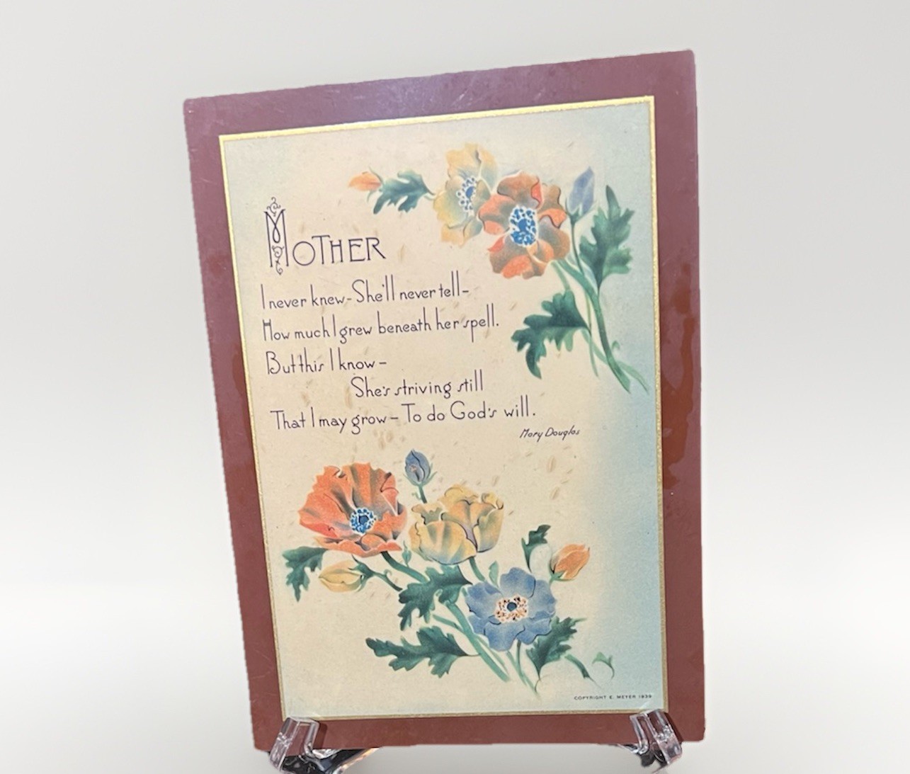 Vintage E. Meyer 1939 Mother Phrase On Wood Wall Hanger