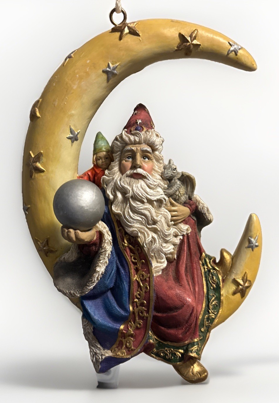 Vintage Celestial Moon W/ Bearded Wizard Holding A Crystal Ball, Dragon & Gnome