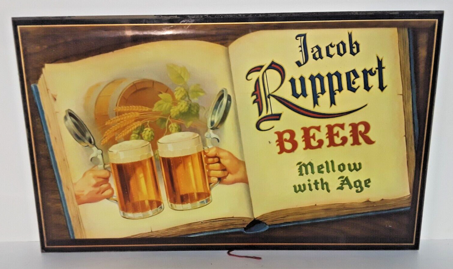RARE VTG JACOB RUPPERT BEER MELLOW WITH AGE GLASSOLOID WOOD PLAQUE SIGN NEW YORK
