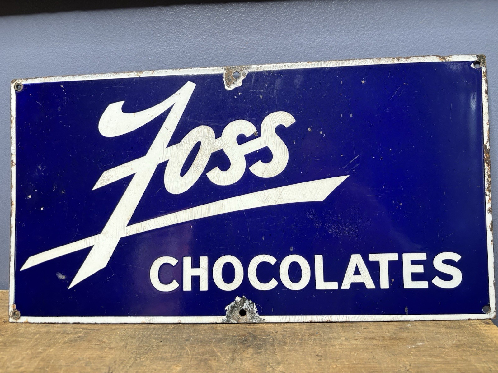 Vintage Original Foss Chocolates Porcelain Sign Baking Cobalt Blue Trade Mass.