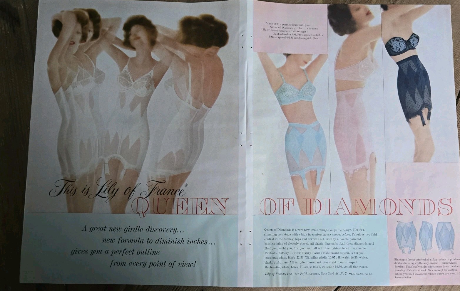 1959 Women's Lily Of France Blue Pink Black Girdles 2 Page Vintage Fashion ad 1959 Women's Lily Of France Blue Pink Black Girdles 2 Page Vintage Fashion ad