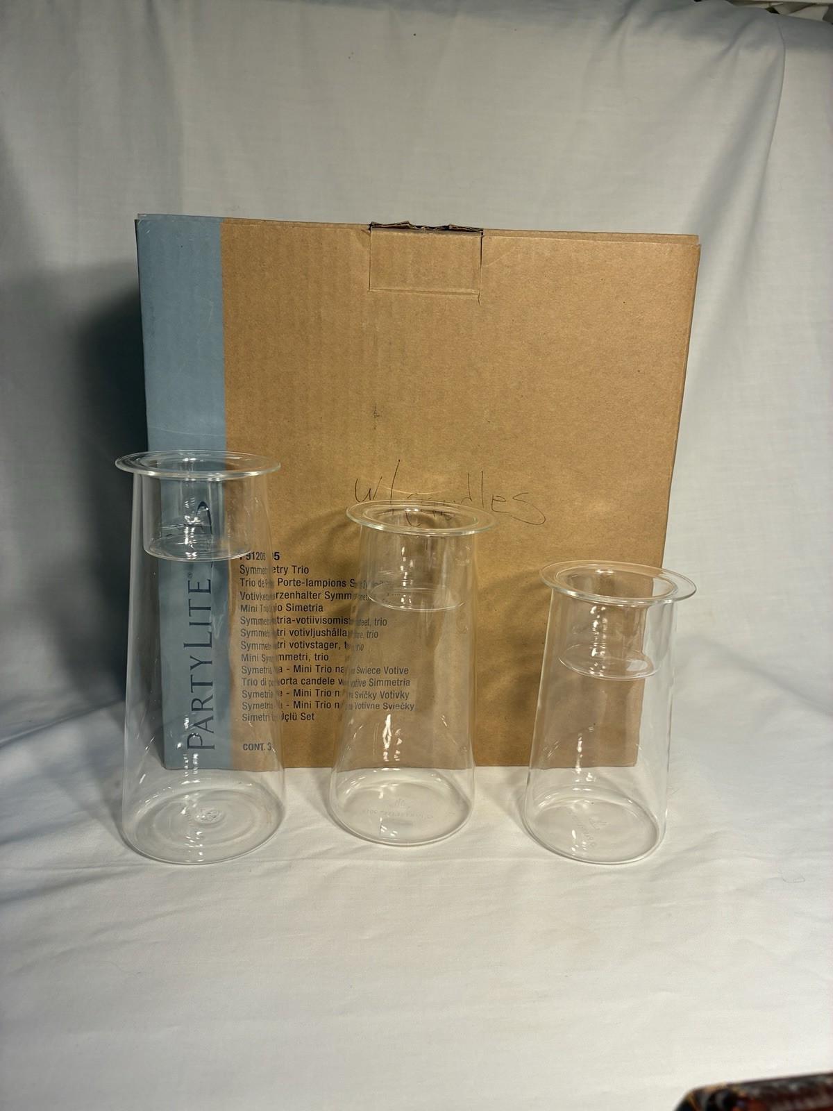 PartyLite Symmetry Trio P91205 Three Clear Glass Candle Holders With Box