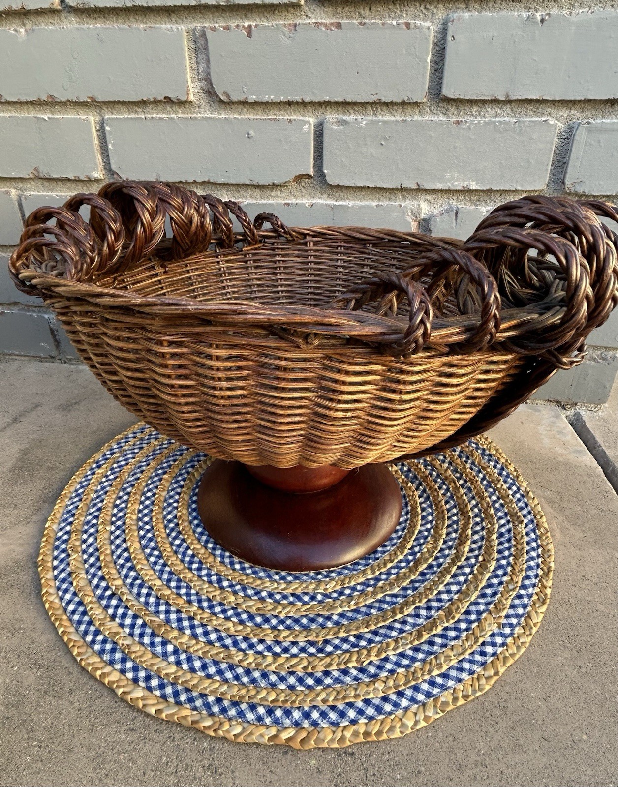 Beautiful Round Handmade Basket On Wood Pedestal W Braided Handles Unique Large
