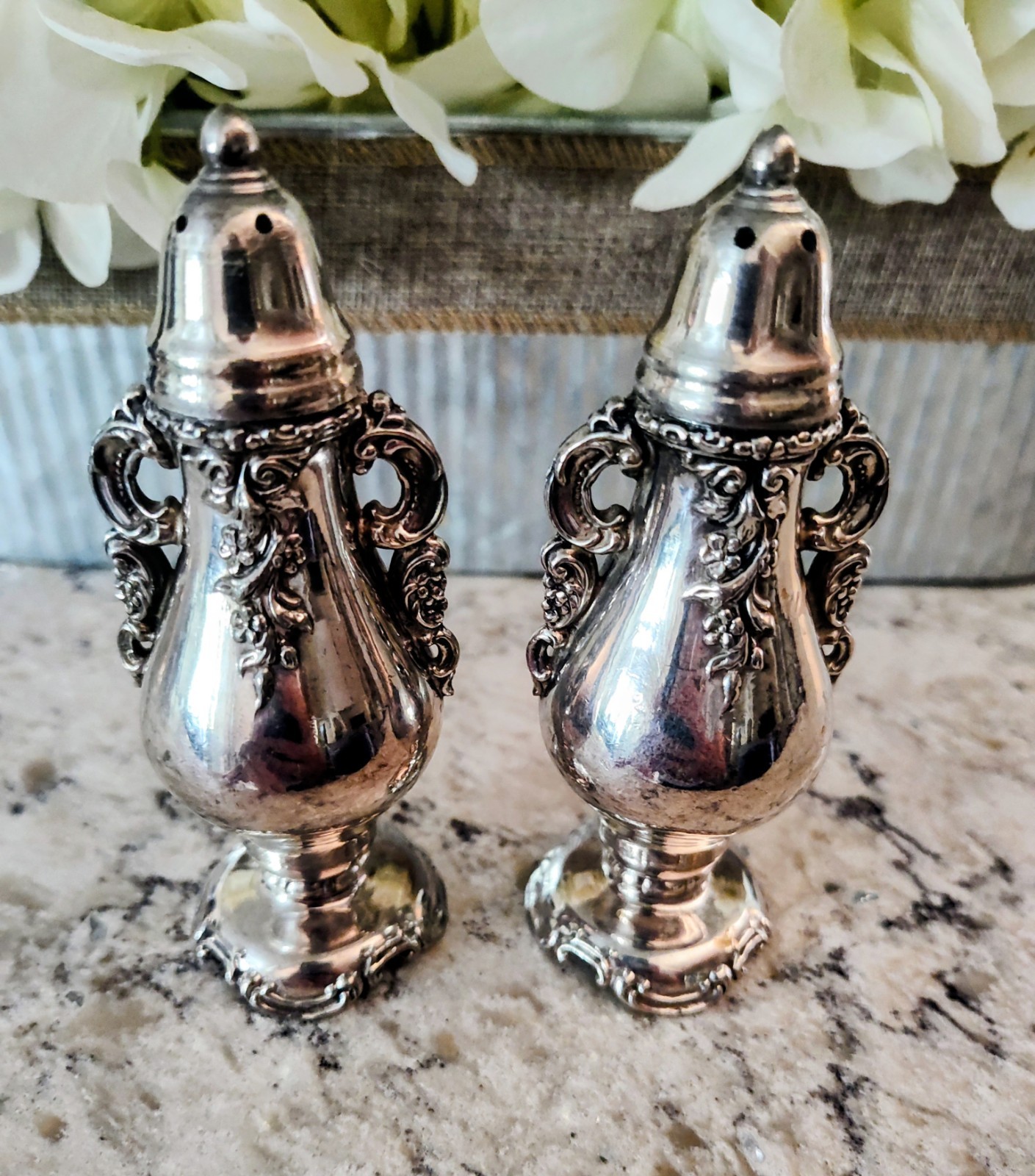 Vintage Baroque By Wallace Silverplate Salt & Pepper Shakers Ornate Heavy Pair Vintage Baroque By Wallace Silverplate Salt & Pepper Shakers Ornate Heavy Pair