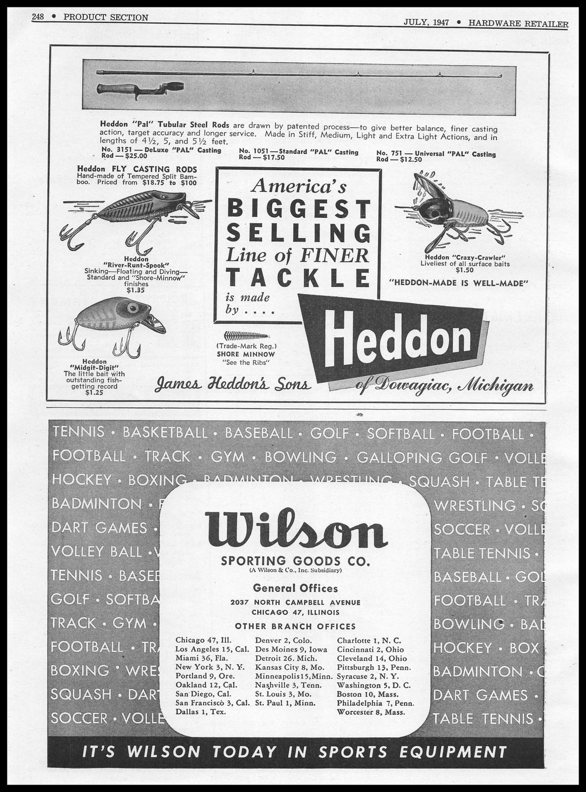 1947 James Heddon's Sons Dowagiac Michigan Fishing Lures Tackle Vintage Print Ad