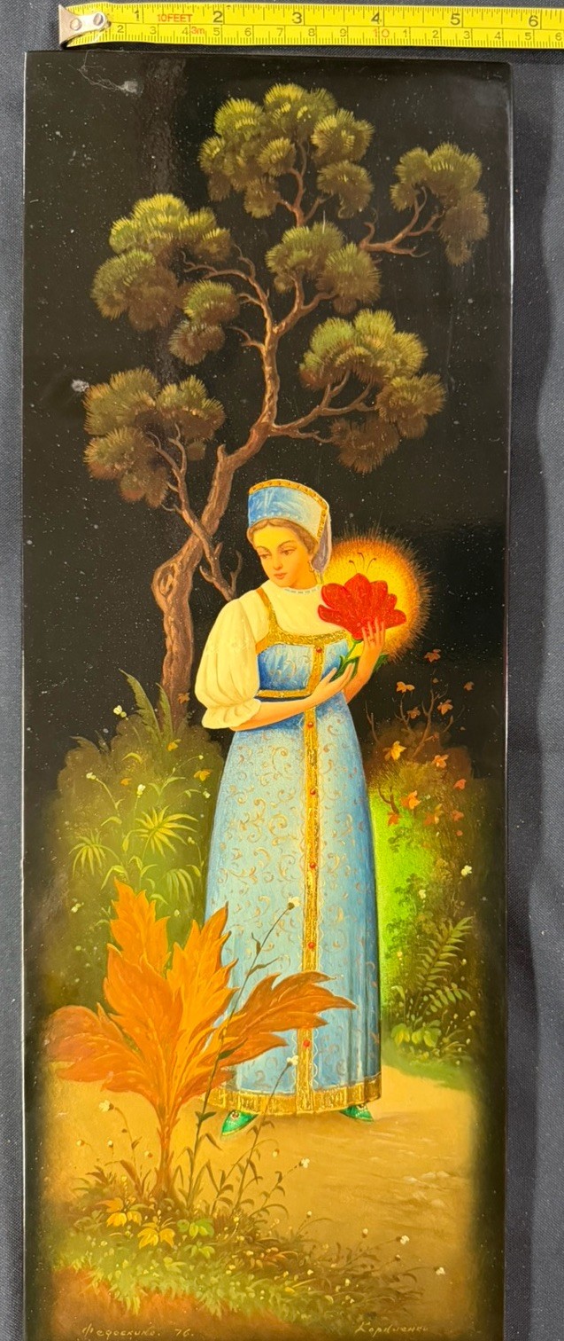 Very Rare LG Fedoskino Hand‑Painted Lacquer Panel 17”X6”/42cm X16cm Signed Box