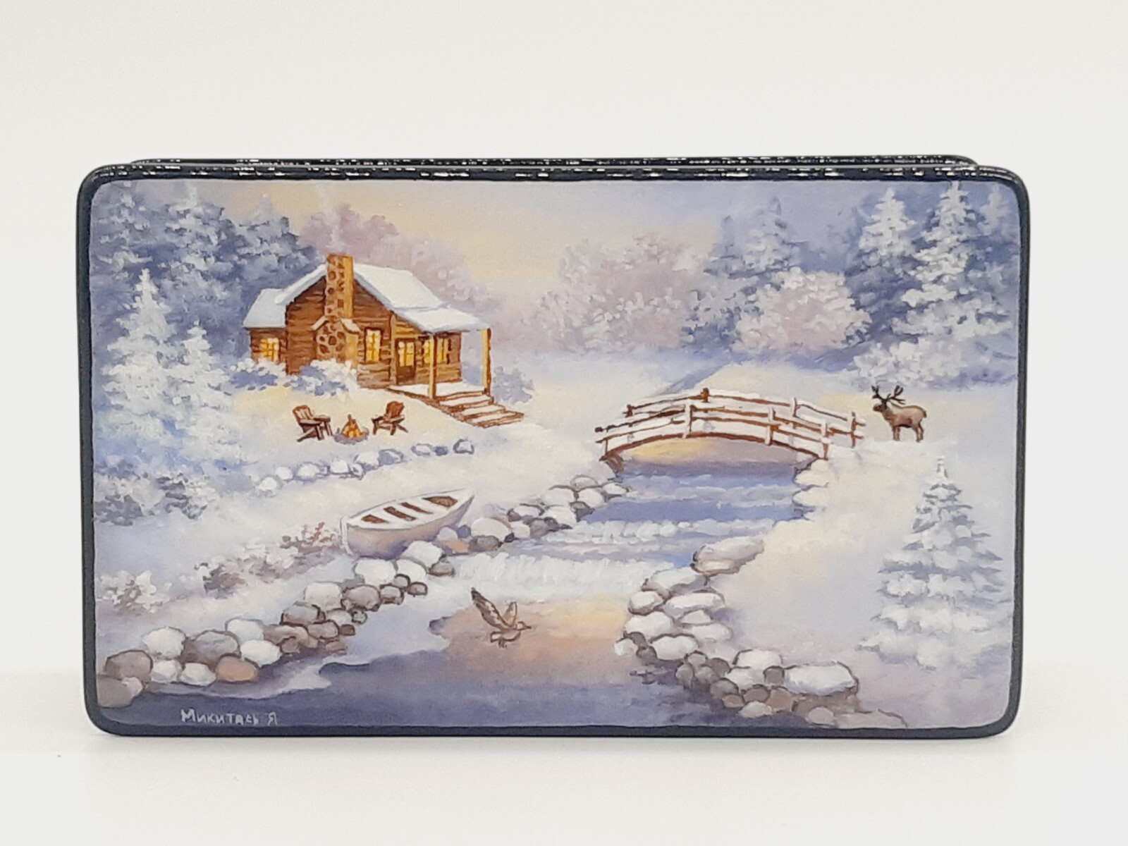 Ukrainian lacquer miniature box “Winter in country” Hand made in Ukraine