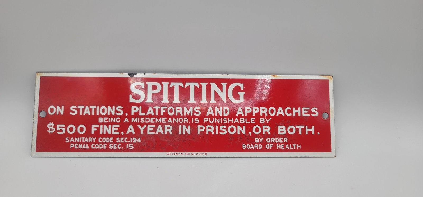 Vintage Spitting On Stations Platforms $500 Fine Porcelain Enameled Metal Sign