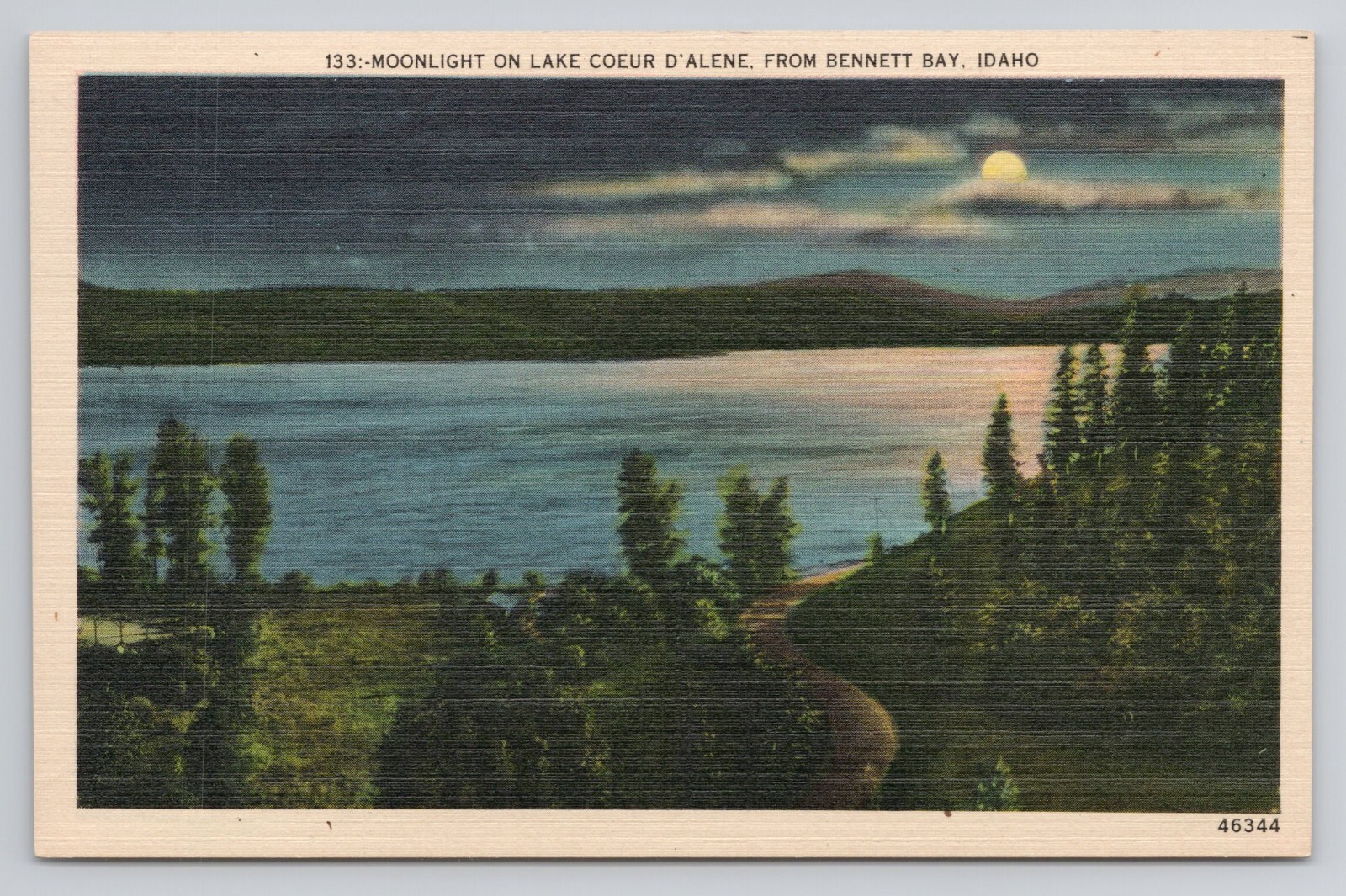 Moonlight on Lake Coeur D\'Alene from Bennett Bay Idaho Postcard Moonlight on Lake Coeur D\'Alene from Bennett Bay Idaho Postcard