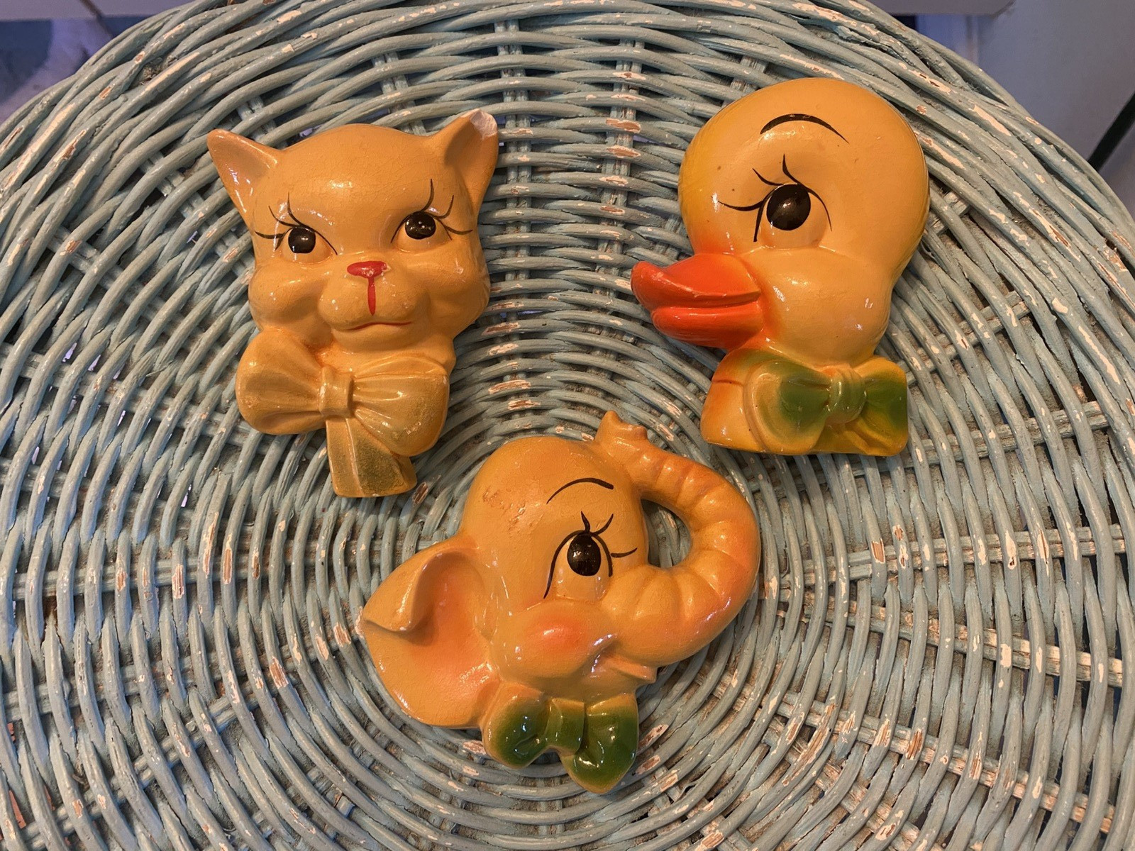 3 Vtg Chalkware Elephant Cat DUCK Head Face Wall Plaque NURSERY Anthropomorphic