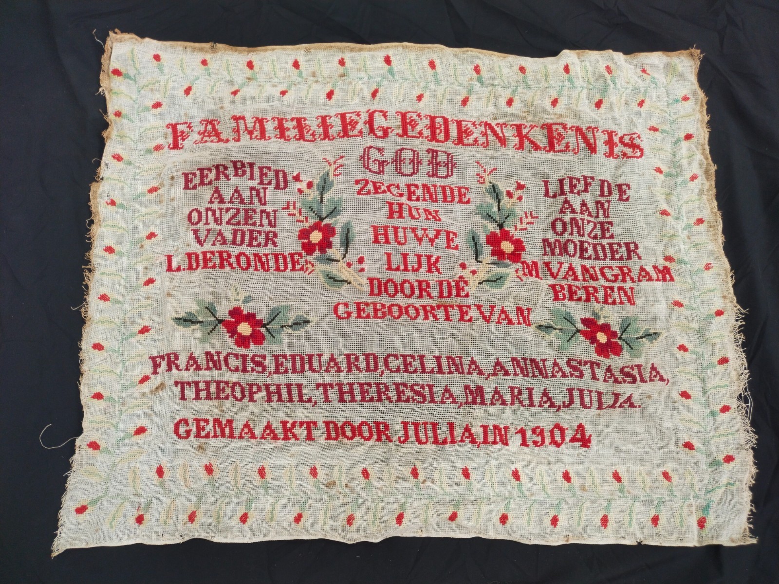 Antique 1904 Dutch Family Memorial Needlepoint Sampler Folk Art Cross Stitch art
