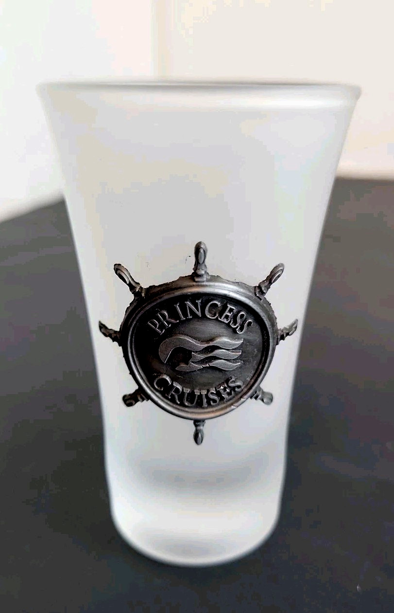 PRINCESS CRUISES Frosted Souvenir Shot Glass w/Pewter Emblem - 3.5\