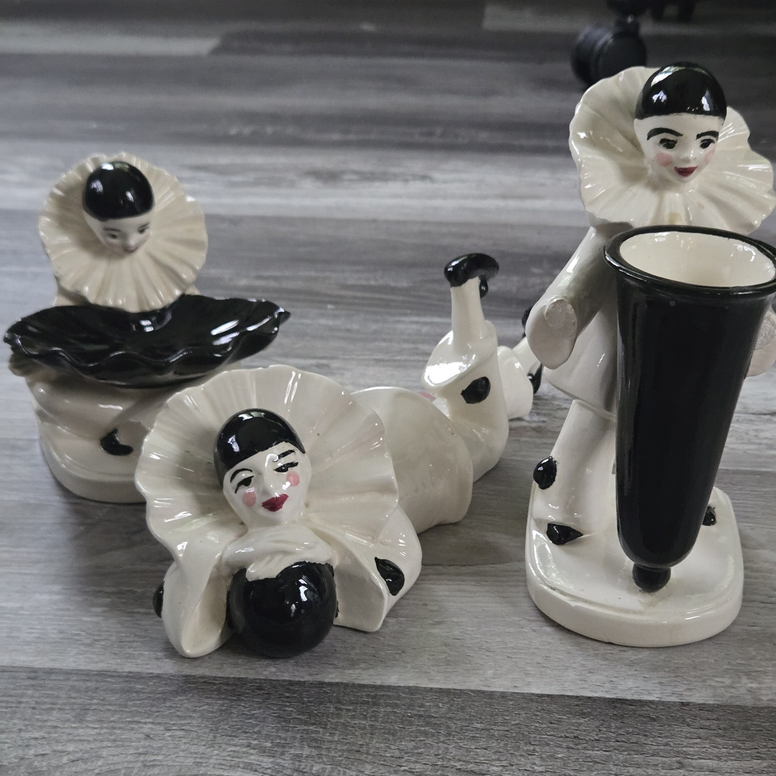 Mime Art Deco Pierrot Clown Black & White Ceramic Figurines Pantomime Vintage