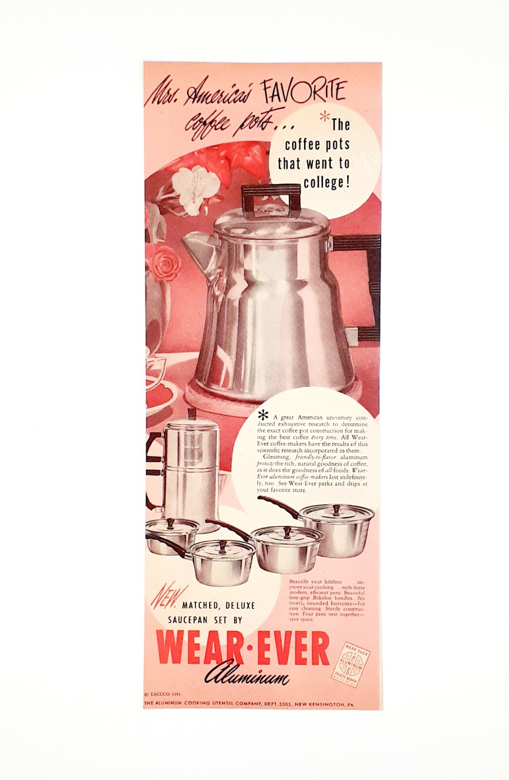 Wear Ever coffee pot ad aluminum vintage 1951 original advertisement 13.5 x 5\