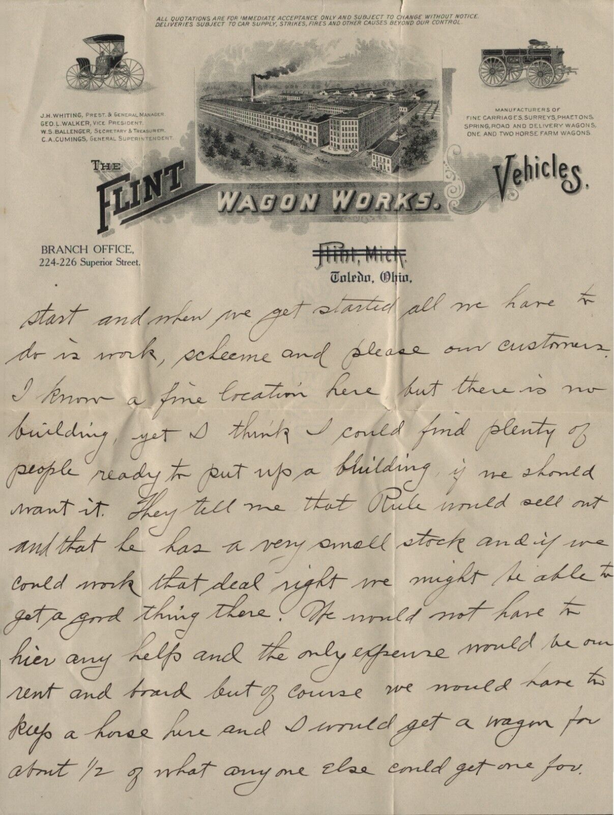 1880\'s Flint Wagon Works Engraved Stationary Letter  Toledo Ohio Branch Office