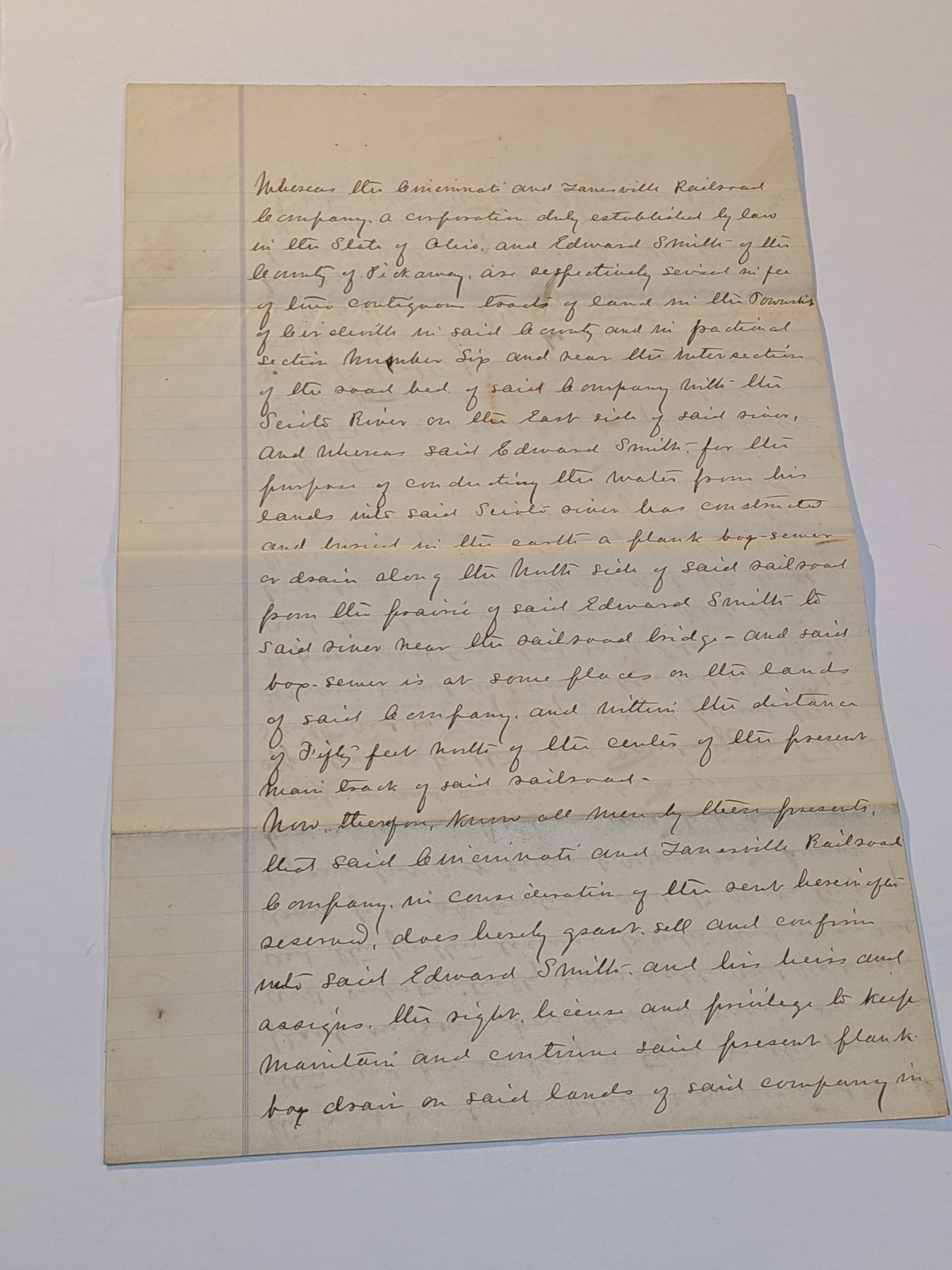 1867 Ohio Railroad Land Agreement Document Cincinnati & Zanesville Co. Edward