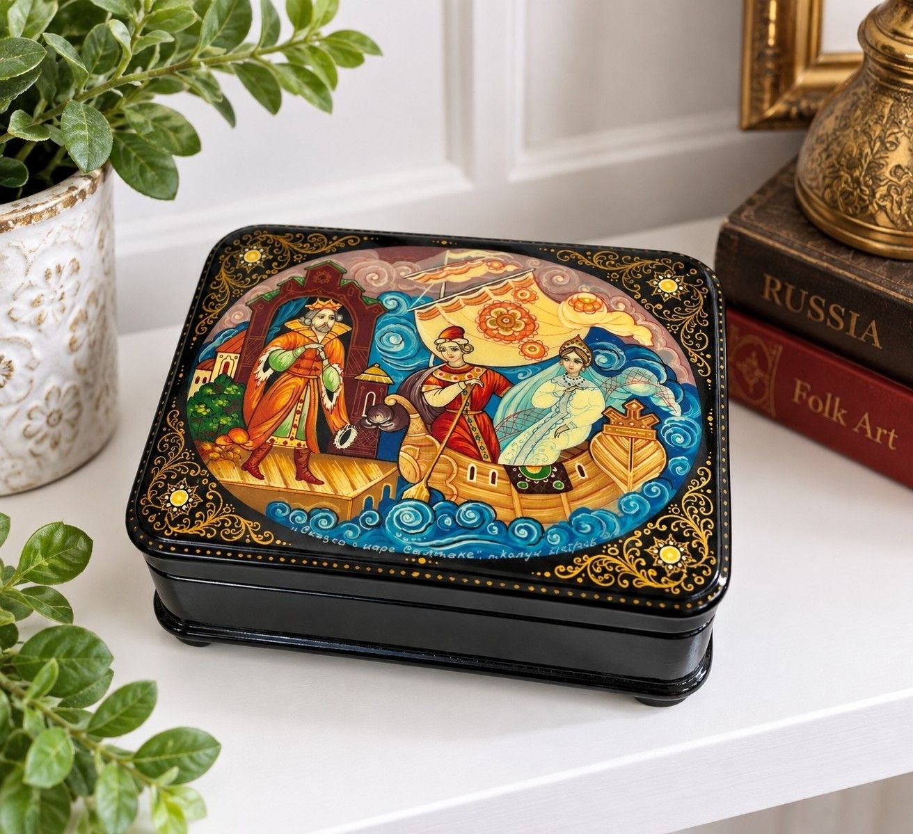 Russian Lacquer Box Hand Painted Fairy Tale Ship Scene Red Interior 5\