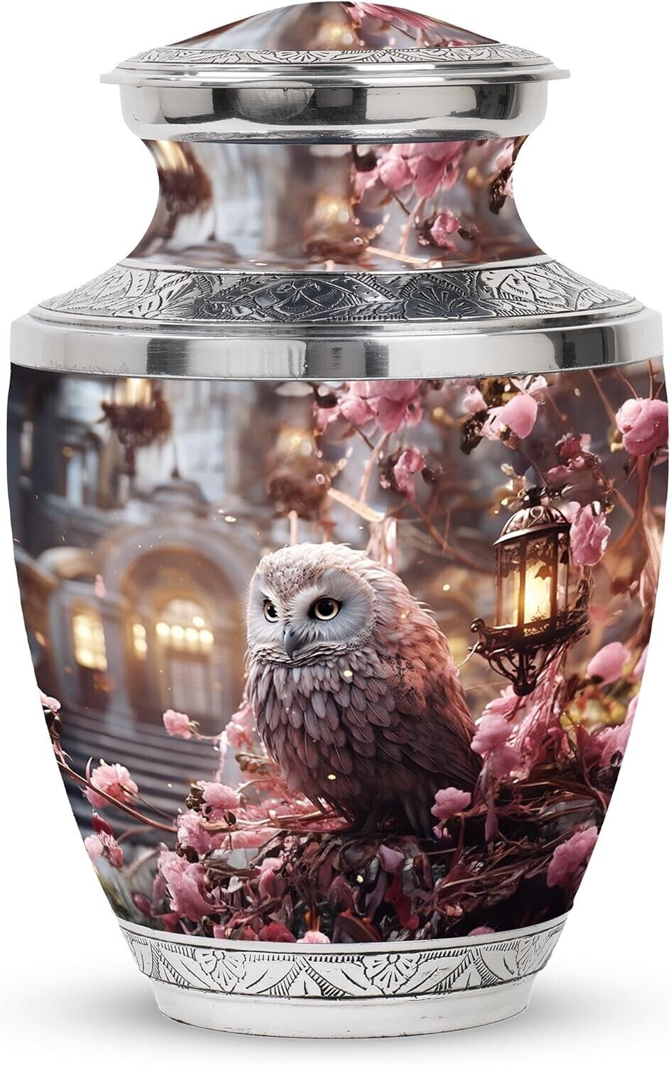(Size - 10 inch) Cremation Pink Owl Sitting Pink Flower Urn Large Urn Funeral