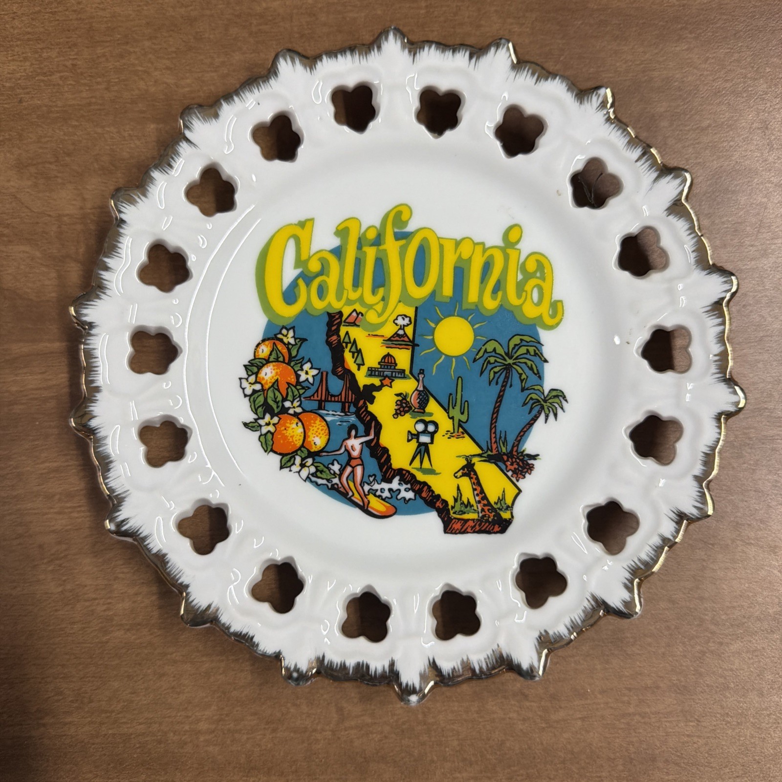 Vintage California State Souvenir Small Plate Retro Surfer Palm Tree Golden Gate