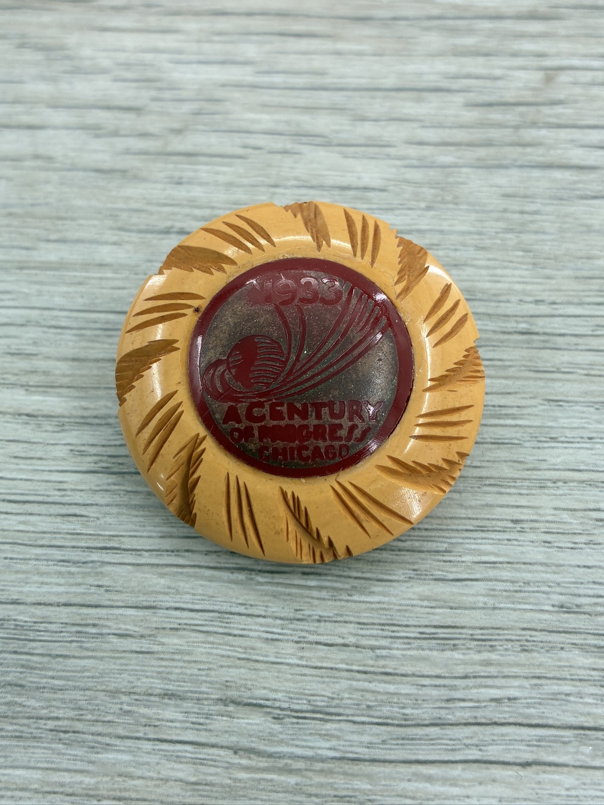 1933 A Century of Progress Chicago World\'s Fair Carved Button Looks Celluloid