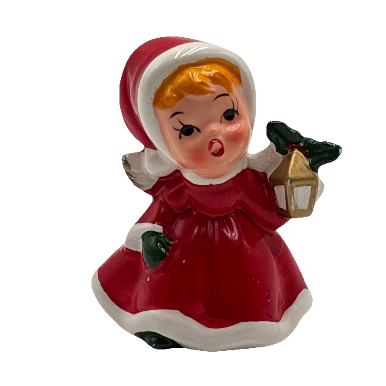 Vtg Caffco Japan Ceramic Christmas Angel Girl In Red Dress Holding Lantern Holly