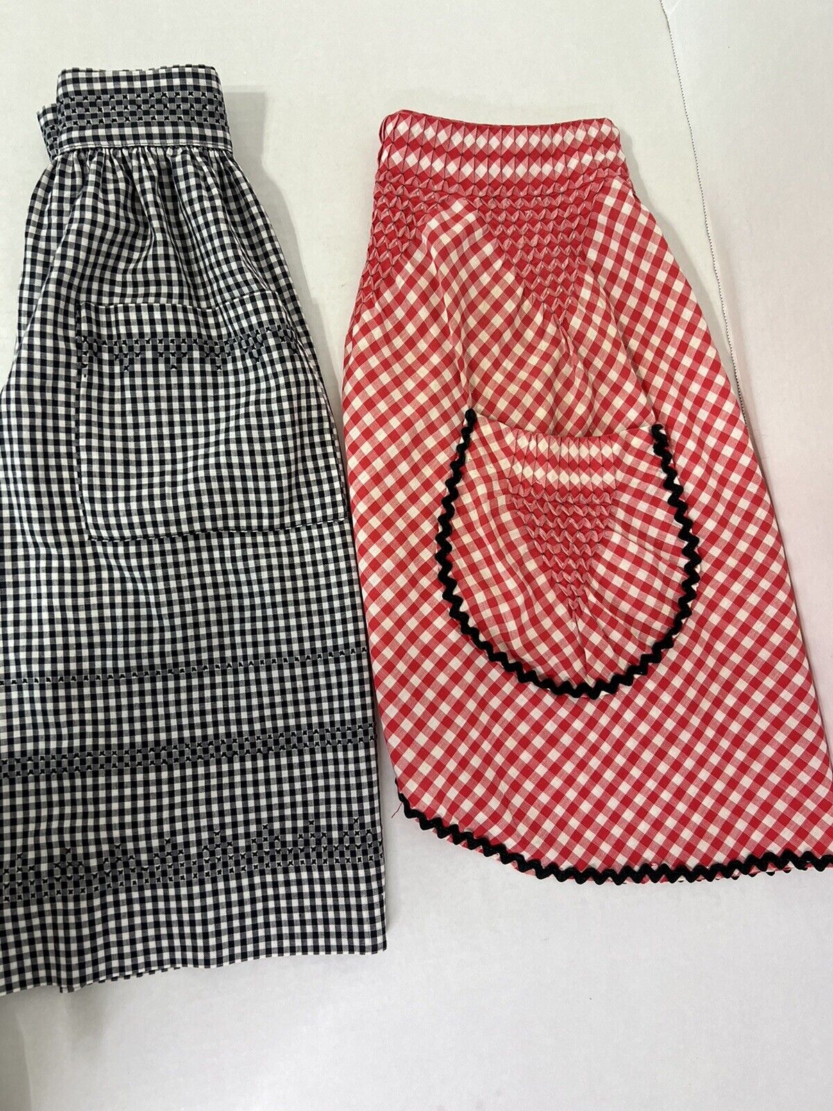 Vintage Homemade 1/2 Aprons Lot of 2 Red Black Gingham Pockets Cross Stitching